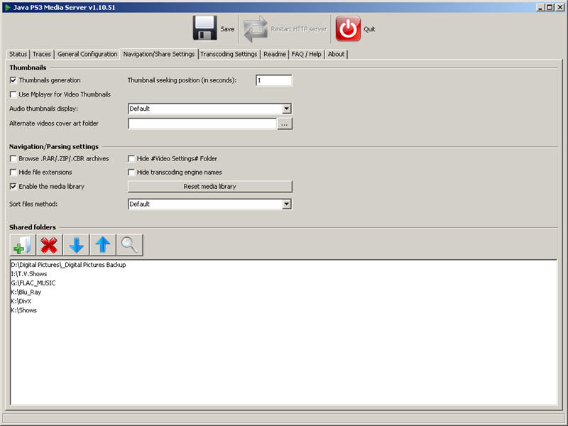 PS3 Media Server Navigation and Share Settings
